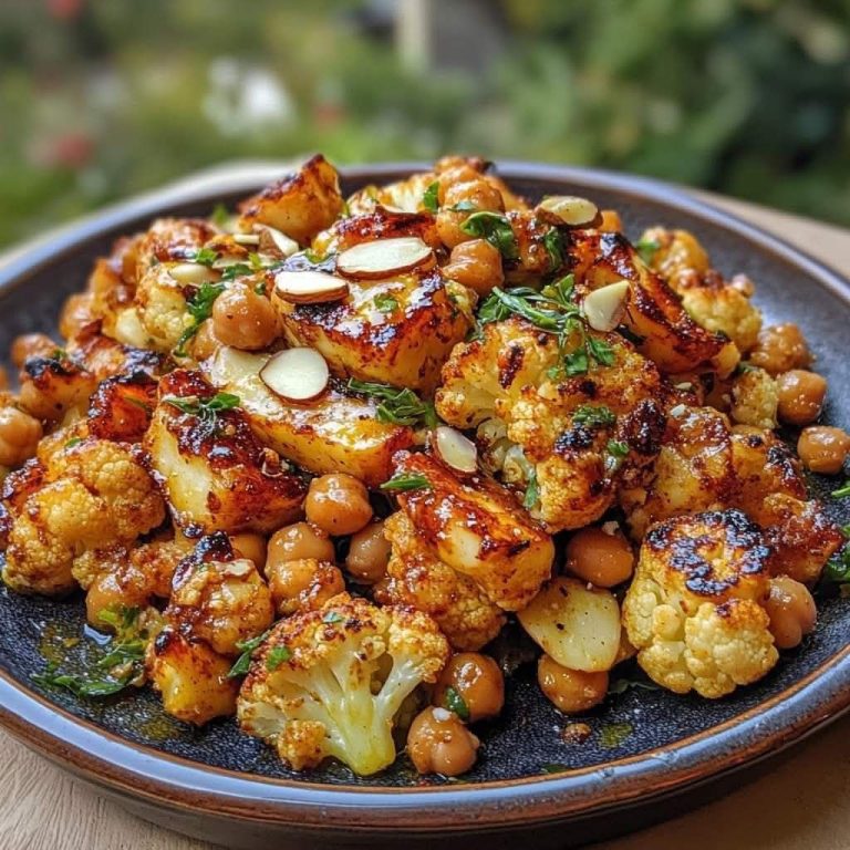Pieczony kalafior w sosie curry z miodem, grillowanym halloumi i chrupiącą ciecierzycą
