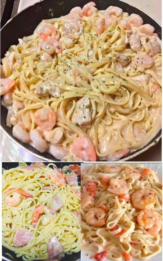 Spaghetti z kremem krewetkowym.