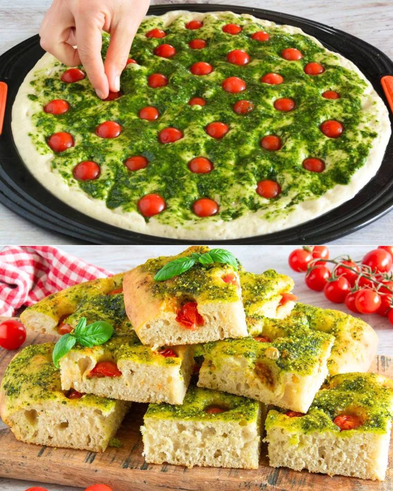 Focaccia z pesto i pomidorkami koktajlowymi