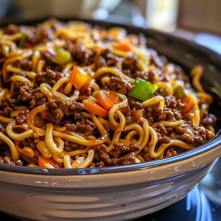 Wolnowarowy mongolski mielony chow mein z wołowiną