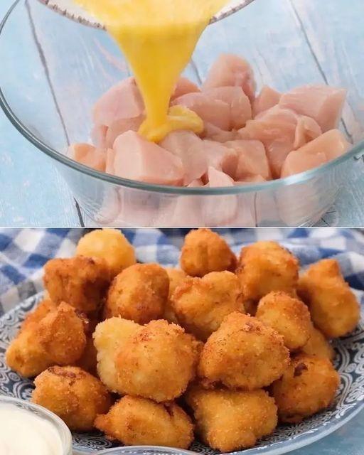 Smażone nuggetsy z kurczaka: szybkie i łatwe w przygotowaniu! Wlać masę jajeczną na kostki kurczaka. Będzie tak chrupiąco
