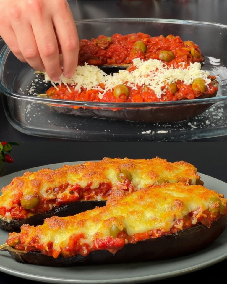 Aromatyczny pieczony bakłażan z mozzarellą, pomidorkami i oliwkami – proste i pyszne danie