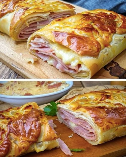 “Ekspresowy strudel z ciasta francuskiego z szynką i serem – gotowy w 10 minut!”