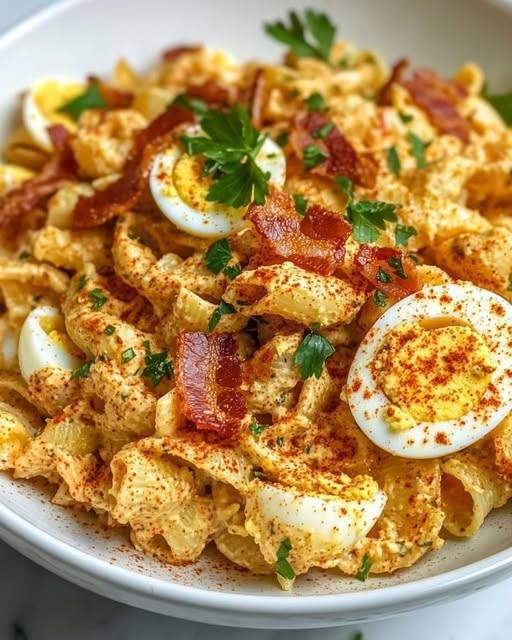 Pikantna Sałatka z Makaronem i Jajkami Faszerowanymi z Boczkiem – Niesamowita Kombinacja Smaków