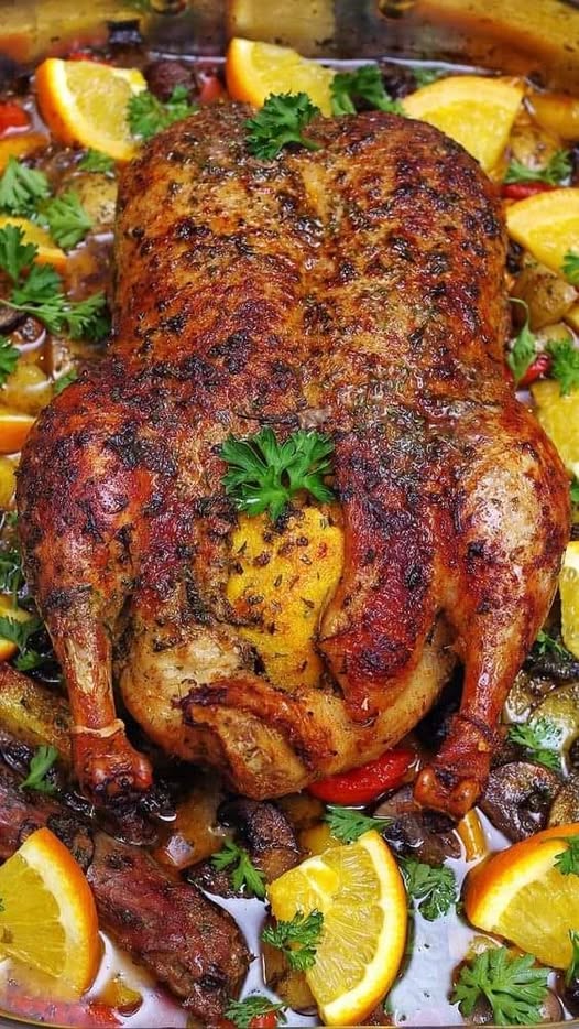 “Pieczona Kaczka w Winnym Sosie z Ziemniakami, Papryką i Grzybami – Kulinarna Uczta Pełna Smaku”