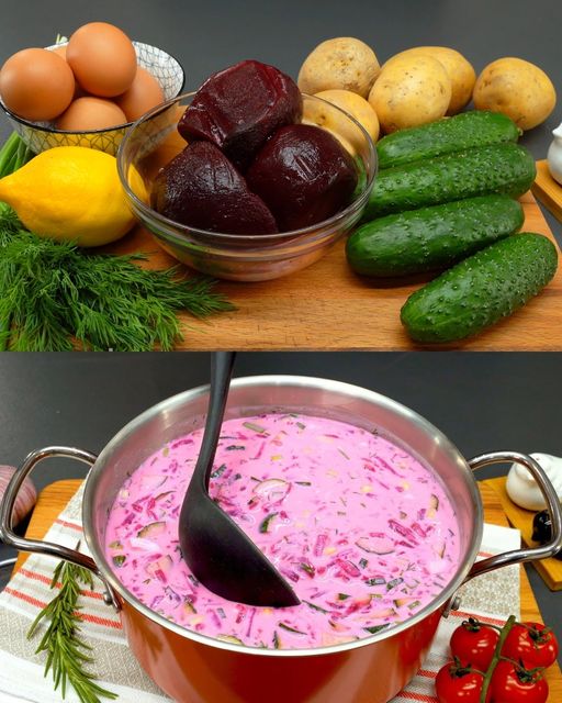 Zupa kefirowa z buraków i pieczonymi ziemniakami