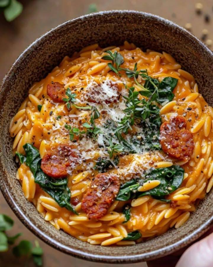 Kremowy Orzo z Chorizo, Parmezanem i Szpinakiem: Rozgrzewająca Kolacja