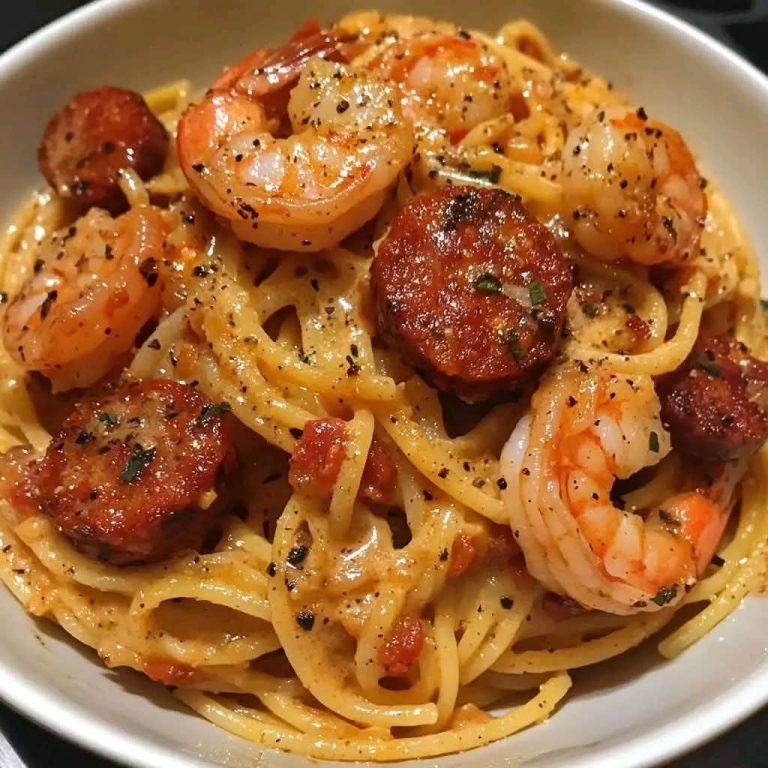 Spaghetti z kremem paprykowym, chorizo ​​i krewetkami”