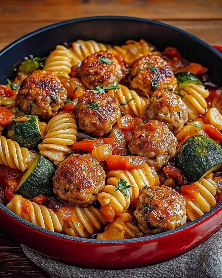 Makaron z pulpecikami i warzywami w sosie