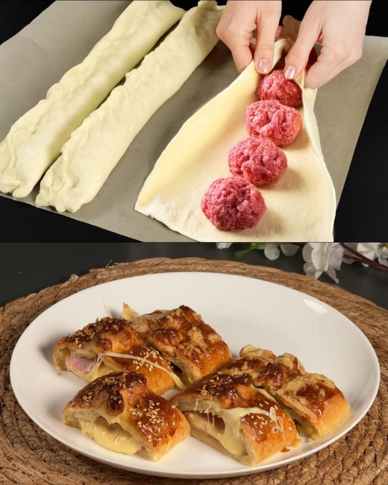 Wytrawne ciasto francuskie z szynką, serem i warzywami