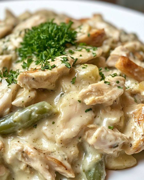 Zapiekanka z kurczakiem i zieloną fasolką w sosie śmietanowym