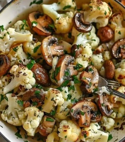 Wegańska patelnia z czosnkiem, pieczarkami i kalafiorem  Ten sycący wegański przepis łączy w sobie delikatnego kalafiora, aromatyczne pieczarki i aromatyczny czosnek, wszystko idealnie ugotowane z dodatkiem aromatycznych ziół. Proste, aromatyczne i uniwersalne danie doskonale sprawdzi się jako danie główne o niskiej zawartości węglowodanów lub dodatek. Opcjonalny dodatek drożdży odżywczych zapewnia serowy, bogaty w umami smak bez dodatku nabiału.  Składniki: 1 średnia główka kalafiora, pokrojona na małe różyczki 2 łyżki oliwy z oliwek (lub dowolnego oleju roślinnego) 1 mała cebula, drobno posiekana 3 ząbki czosnku, posiekane 225 g pieczarek, pokrojonych w plasterki (np. pieczarek czarnych, kremini lub shiitake) 1 łyżeczka suszonego tymianku 1 łyżeczka suszonego rozmarynu Sól i pieprz do smaku 1/4 szklanki bulionu warzywnego 2 łyżki drożdży odżywczych (opcjonalnie, dla serowego smaku) Świeża pietruszka do dekoracji (opcjonalnie) Instrukcje:  ciąg dalszy na następnej stronie