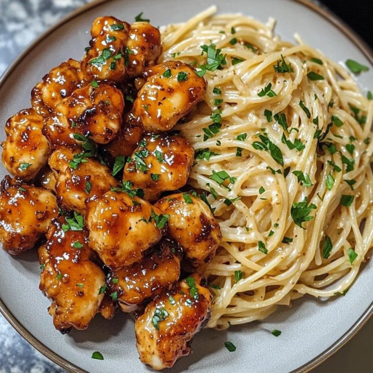 Kurczak w miodzie i czosnku z kremowym spaghetti