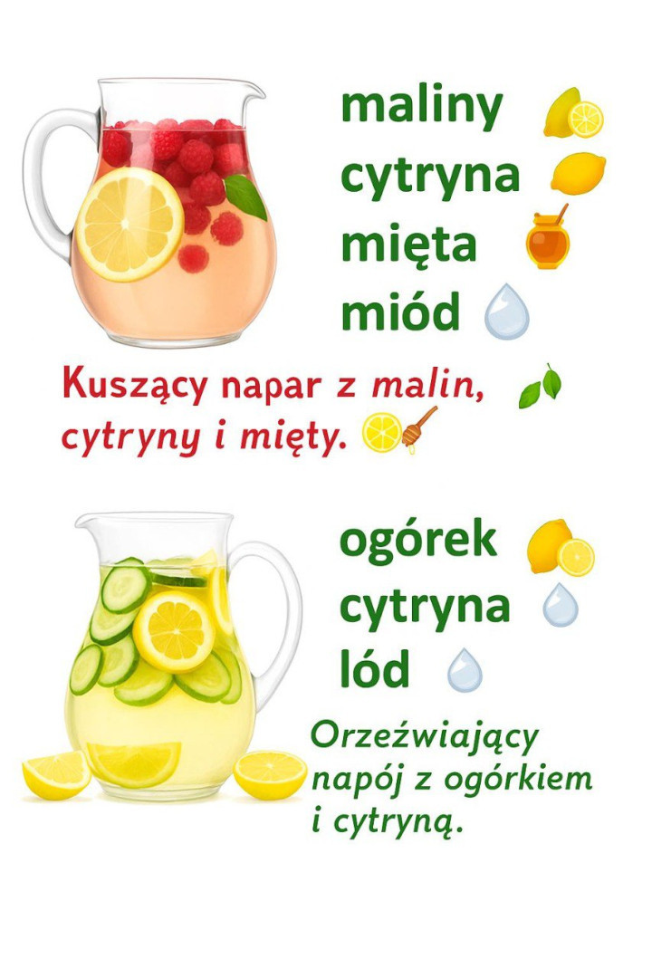 Malinowo–cytrynowe orzeźwienie z miętą i miodem” Woda ogórkowo–cytrynowa „detox”