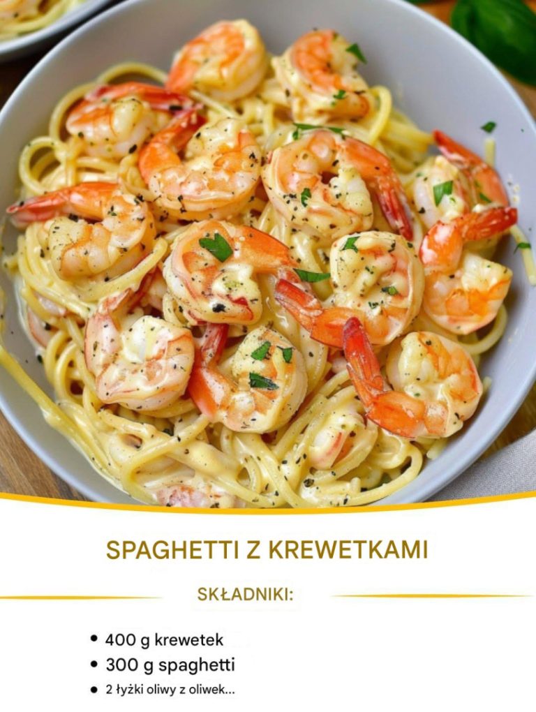 🍝Spaghetti z krewetkami w sosie serowo-czosnkowym – kremowe, pikantne, nieodparte!