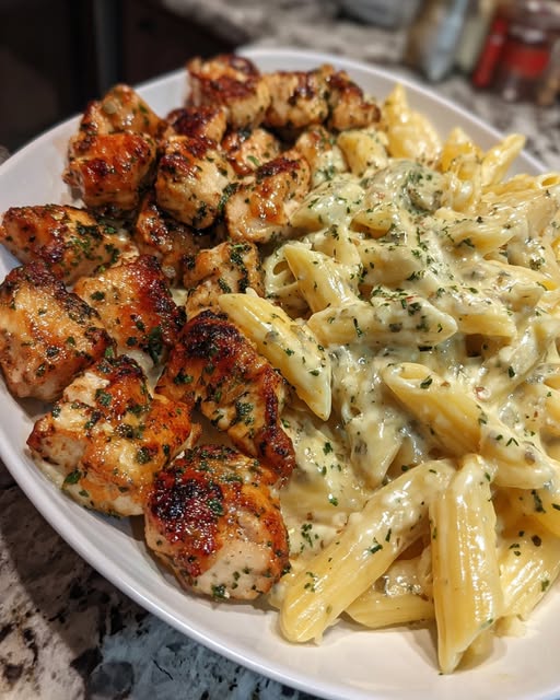 Penne z kurczakiem Cajun w sosie czosnkowo-maślanym w kremowym sosie parmezanowym