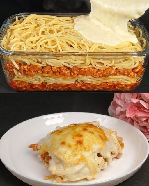 Zapiekany spaghetti z mielonym mięsem i boczkiem