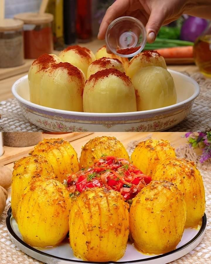 „Ziemniaki Hasselback w towarzystwie aromatycznych smażonych warzyw – perfekcyjna uczta na talerzu