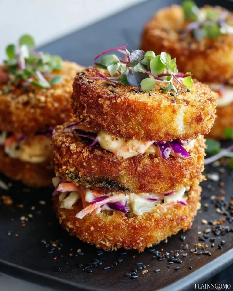 Berenjena crujiente Katsu “Macarons” con Yuzu Mayo picante y Miso Slaw