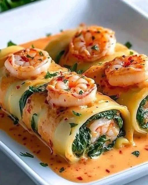 Los rollitos de pasta rellenos de camarones y espinaca