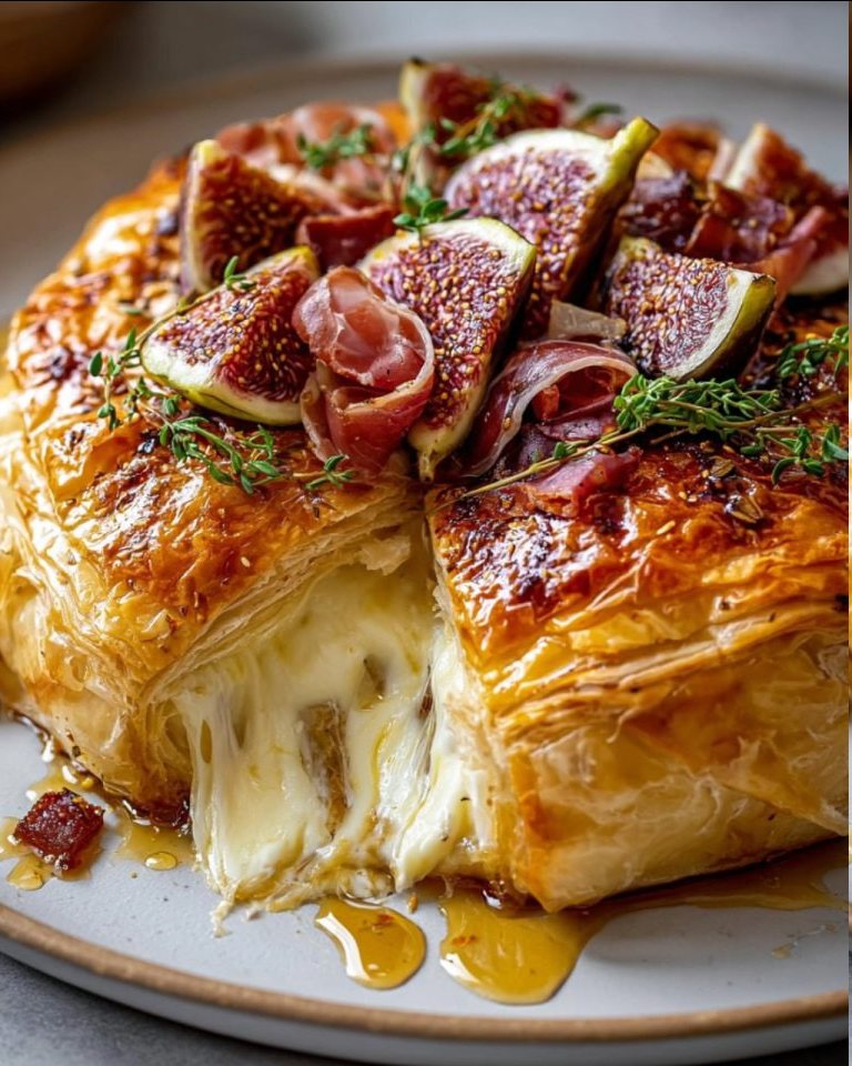 Brie Horneado en Hojaldre con Miel, Higo y Prosciutto: ¡Un Bocado Gourmet Para Sorprender!