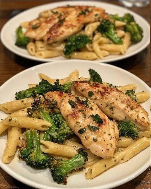 Pollo al ajo parmesano con penne de brócoli asado Cremoso pollo con costra de ajo parmesano sobre pasta con brócoli asada