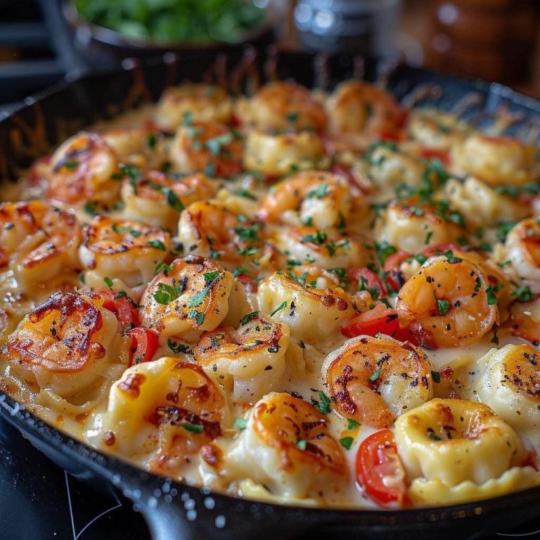 Delicioso Tortellini Alfredo con Camarones y Queso