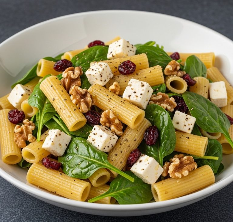 Ensalada de Pasta con Espinacas, Queso Feta y Arándanos