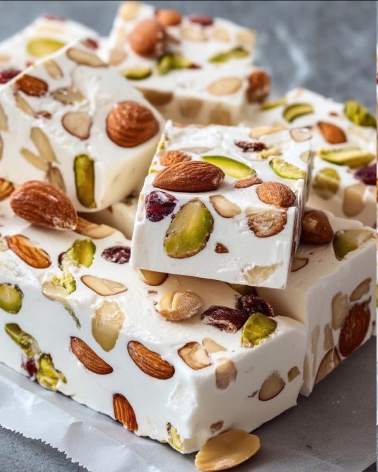 ¿Buscas un dulce navideño tradicional, elegante y con sabor artesanal? Este torrone italiano es justo eso: un turrón blanco suave elaborado con miel, claras montadas y una mezcla de almendras y pistachos tostados. Su textura elástica, su dulzura equilibrada y su presentación impecable lo convierten en el regalo comestible ideal o en el protagonista de tu bandeja de postres navideños.   Ingredientes:  340 g de miel 200 g de azúcar 60 ml de agua 2 claras de huevo 100 g de almendras tostadas 100 g de pistachos tostados (o frutos secos mixtos) 1 cdita de extracto de vainilla o ralladura de naranja Papel de oblea comestible (opcional, para forrar el molde)