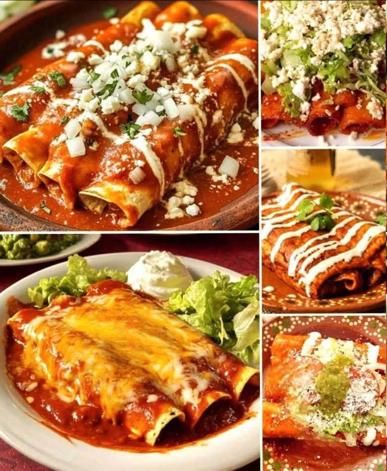 Enchiladas Rojas con Pollo, Queso, Crema y Cebolla