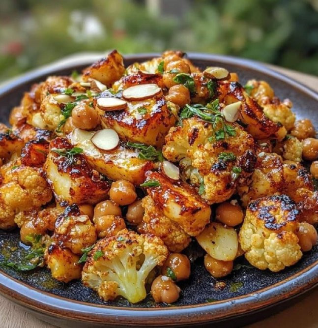 Pieczony kalafior w sosie miodowo-curry, grillowany halloumi i chrupiąca ciecierzyca