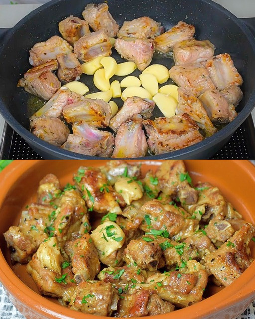 Składniki: 800 g żeberek wołowych Sól i pieprz Aromatyczne zioła 10-12 ząbków czosnku Oliwa z oliwek 350 ml wody Świeża pietruszka Sposób przygotowania: