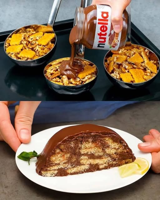 Ciasto z Nutellą i orzechami włoskimi z bitą śmietaną i gorzką czekoladą
