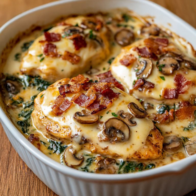 Smothered Chicken with Creamed Spinach, Bacon, and Mushrooms