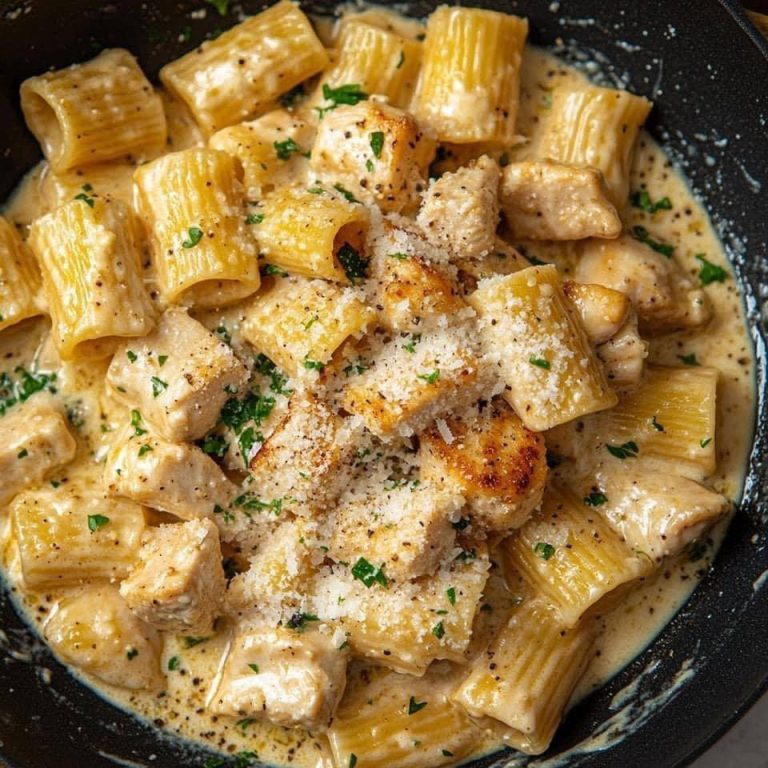 Kurczak z czosnkiem i parmezanem z kremowym makaronem rigatoni