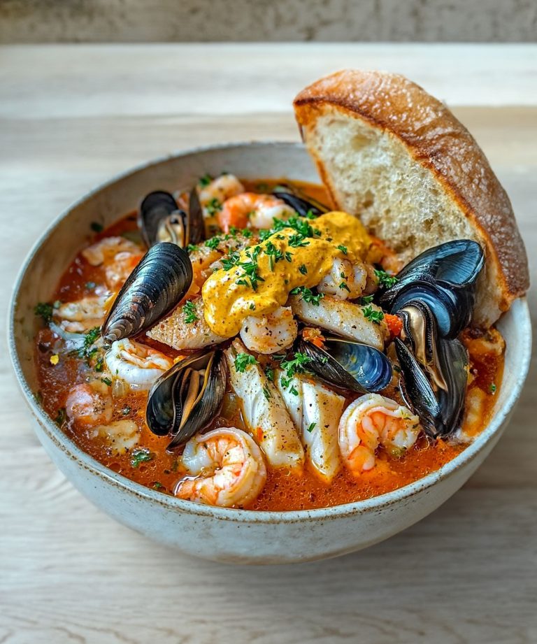 Tradycyjny garnek z owocami morza w kremowym sosie Rouille
